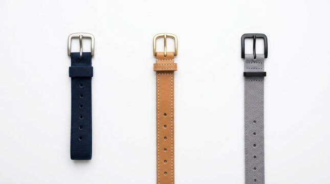 Collection of modern watch straps with metal buckles on white background