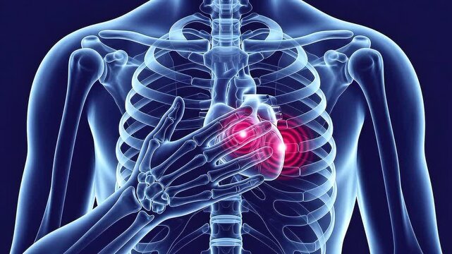 Blue X-ray style 3D animation of a human skeleton experiencing chest pain with red pulsating circles over the heart, representing a heart attack or cardiac distress