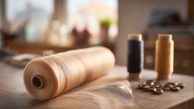 Close-up view of a roll of fine beige tulle netting in a sewing studio setting, with a shallow depth of field. Spools of thread and sewing needles are softly visible in the blurred background.
