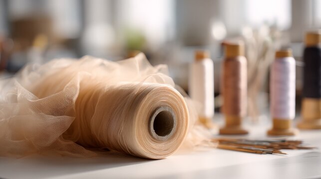 Close-up view of a roll of fine beige tulle netting in a sewing studio setting, with a shallow depth of field. Spools of thread and sewing needles are softly visible in the blurred background.
