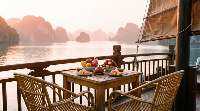Breakfast Table Set on Upper Deck of Junk Overlooking Misty Bay at Sunrise