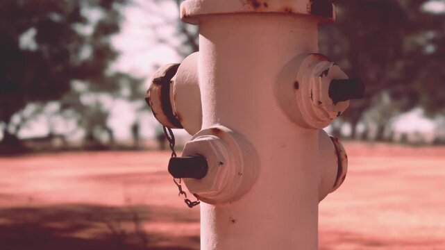 Close up view of a white fire hydrant with rust spots standing on reddish ground under bright daylight with blurred green trees in the background