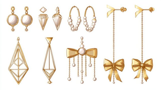 A stylized vector graphics collection of precious golden ear accessories isolated on a white background, featuring geometric diamond studs, ornate pearl hoops, long chain dangle earrings with