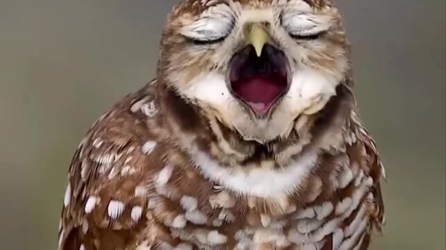 Cute burrowing owl yawning and opening beak wide