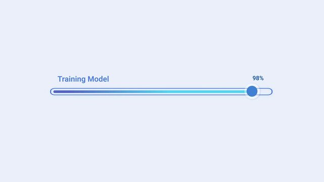 Minimal animated blue gradient progress bar with a rounded track, circular indicator, and training model status text on a soft pastel background, ideal for artificial intelligence, machine learning, a