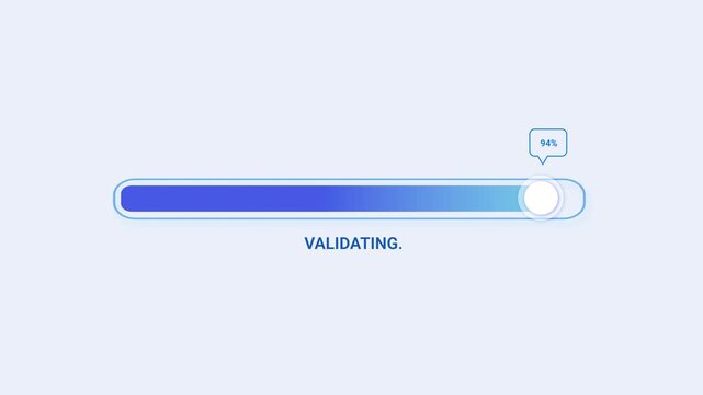 Minimal animated progress bar with a blue to purple gradient fill, rounded outline, validating status text, and floating notification badge on a soft pastel background, ideal for form validation, data