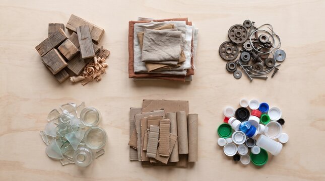 Recycling materials assortment: wood, fabric, metal, glass, cardboard, plastic