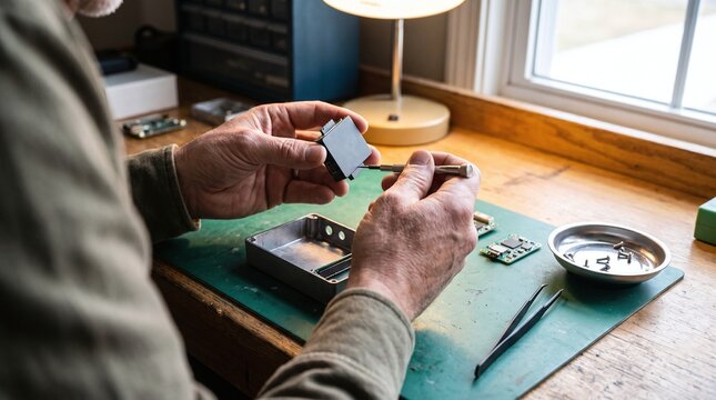 Skilled hands assembling electronics with precision tools on a workbench