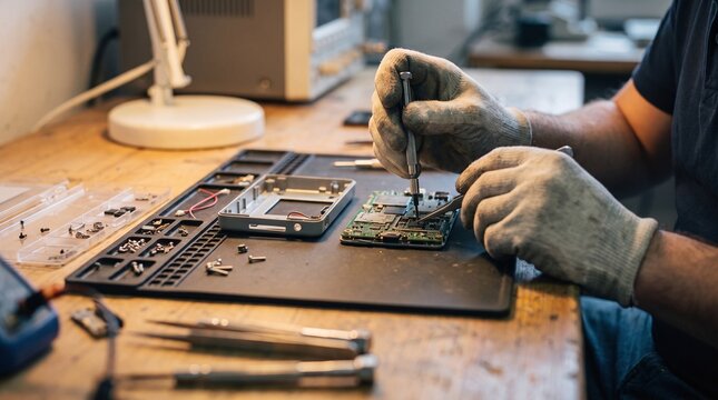 Technician repairing circuit board with screwdriver, close-up