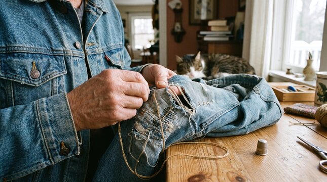 Man Darning Denim Jacket, Cat Watches in Cozy Home