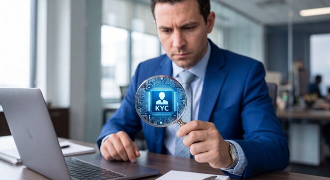 Businessman using a magnifying glass to examine a digital kyc identity on transparent background