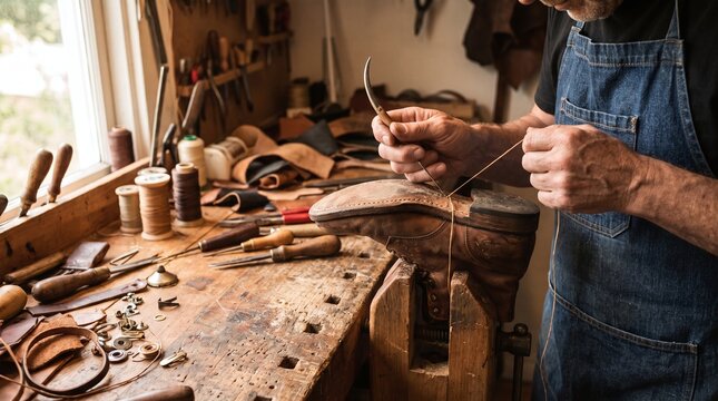 Cobbler Handcrafting Shoe Repair in Workshop