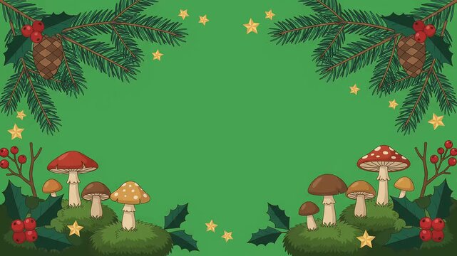 Hand drawn Christmas forest animation background with pine branches pinecones mushrooms holly and glowing stars on green screen for holiday greeting video production