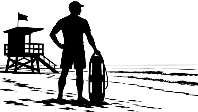 Black and White Silhouette of a Lifeguard Standing on a Beach with a Rescue Buoy and Watchtower
