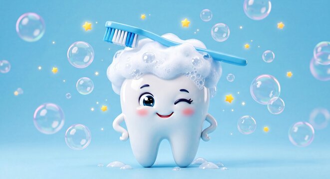 Cute cartoon tooth character with a toothbrush with soap bubbles on transparent background