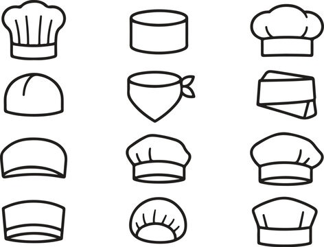 Chef hats and kitchen headwear line icon set with toque, bandana, skull cap and cook caps in black outline vector
