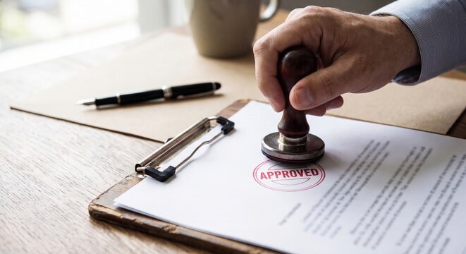 A hand stamping approved on a document on a wooden clipboard with legal on transparent background