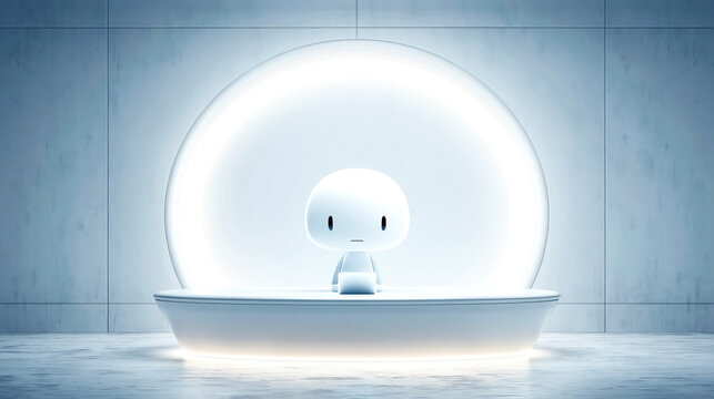 Cute White Robot at Glowing Futuristic Reception Desk in Minimalist Blue Interior