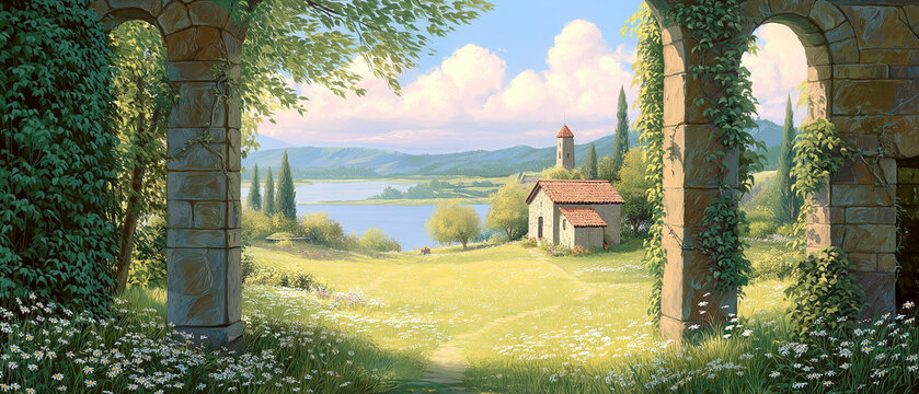 Nostalgic Countryside Painting with Stone Arches and a Lakeside Cottage