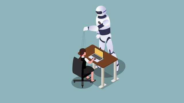 Isometric AI Robot Controlling Businesswoman like a Puppet at Desk Concept 3d animation cartoon