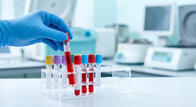 Gloved hand holding a blood test tube in a laboratory setting on transparent background