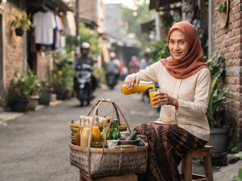 Smiling Indonesian woman vendor pouring traditional jamu herbal drink into a glass from a bottle in a village street