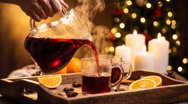 A hand pouring hot mulled wine into a glass mug on a wooden tray on transparent background