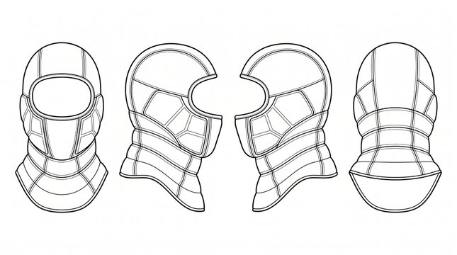 Balaclava Tactical Head Mask Technical Fashion Sketch Template, Front Side Back Views Vector Illustration for Apparel Design