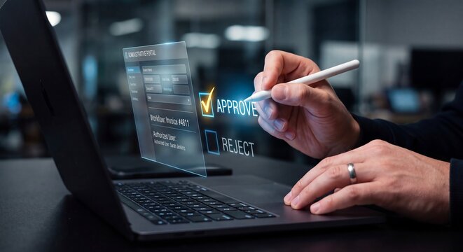 Person using a stylus to select approval on a digital administrative on transparent background