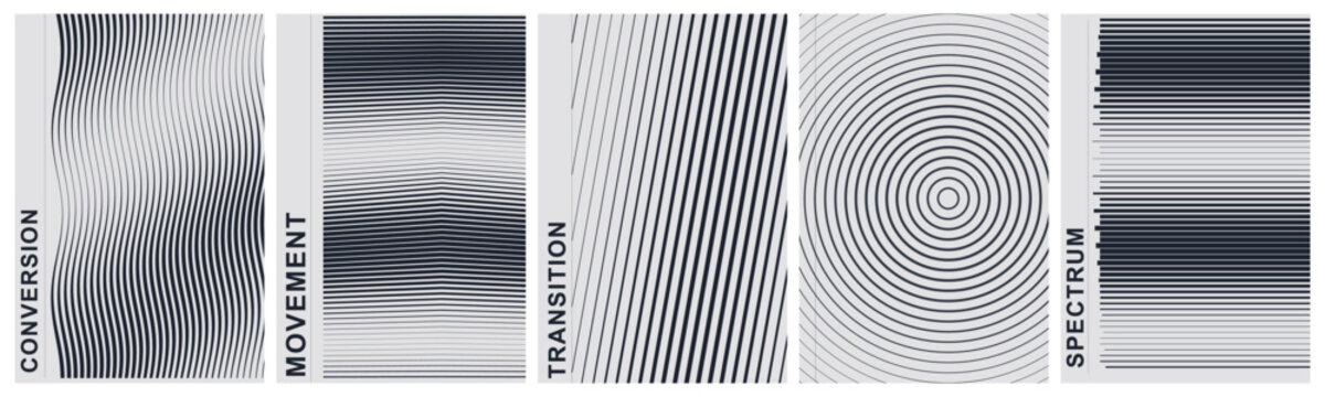 Abstract geometric patterns collection featuring wavy lines, concentric circles, and horizontal bars representing conversion, movement, transition, and spectrum concepts