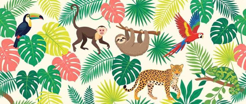 Tropical jungle animals and plants seamless pattern illustration