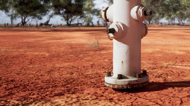 White fire hydrant standing on cracked red dirt in rural outback landscape during daylight hours