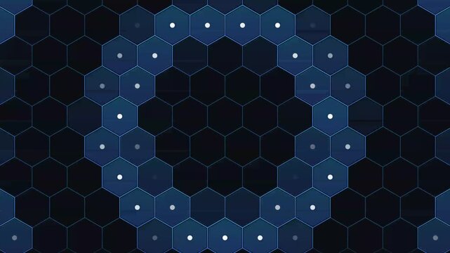 Animated abstract futuristic honeycomb hexagon pattern with glowing nodes changing colors.