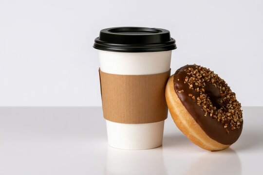 A disposable coffee cup with a brown sleeve and black lid sits next to a chocolate-glazed donut topped with chopped nuts on a white surface.