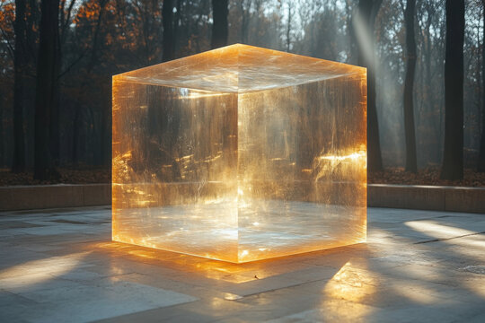 Light shines through a glass cube.