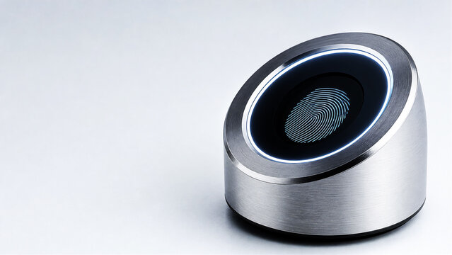 Modern metallic biometric fingerprint scanner device with glowing icon, representing digital security and identity verification