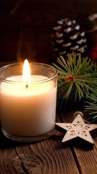 Close-up of a warm flickering candle and wooden Christmas ornament on a table