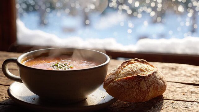 Warm creamy soup with rising steam on a wooden table with snowy window background