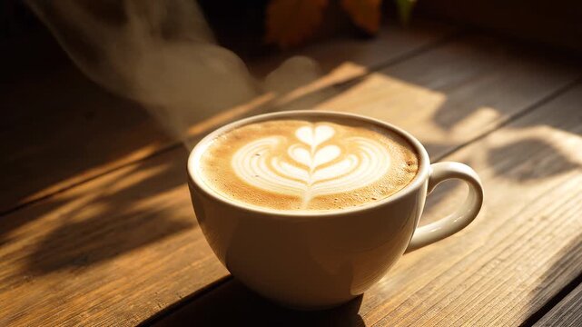 Close-up of hot cafe latte with gentle steam rising on a wooden table in warm autumn daylight