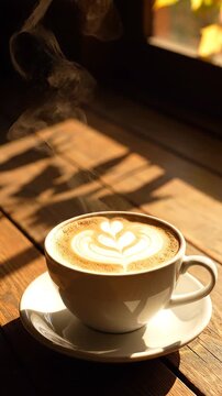 Close-up of hot cafe latte with gentle steam rising on a wooden table in warm autumn daylight