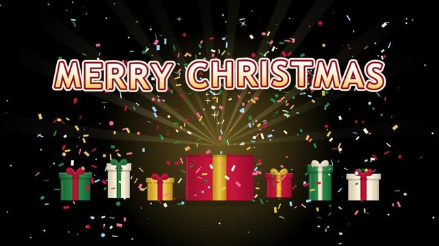 Merry Christmas Animation with Opening Gift Box and Confetti
