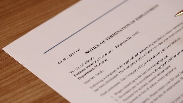 Close up of a person signing a notice of termination of employment document with a pen on a wooden office desk, representing corporate layoff, job loss, and human resources agreement