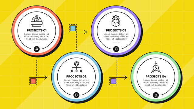 circle infographic template with four point zigzag ring abcd letter dashed square arrow connector layout, neobrutalism flat style
