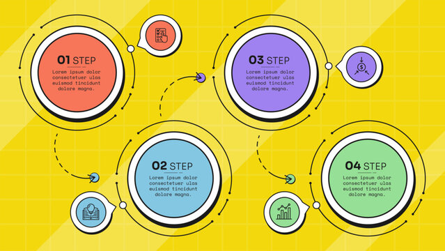 circle infographic template with four step zigzag ring orbit dashed curved arrow speech bubble layout, neobrutalism flat style