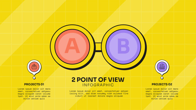circle infographic template with two point ab letter double ring linked bridge pin badge layout, neobrutalism flat style