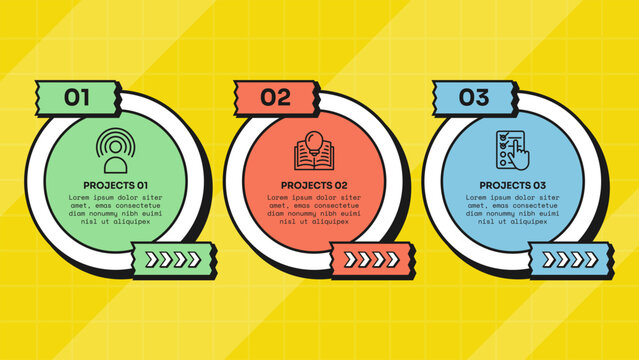 circle infographic template with three point ring jagged tag label chevron arrow row layout, neobrutalism flat style
