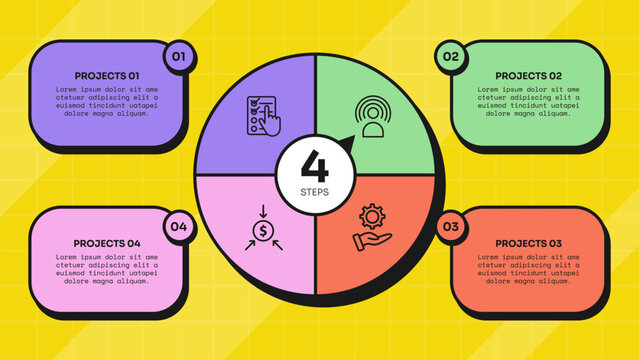 circle infographic template with four step quarter pie segment center badge rounded box layout, neobrutalism flat style