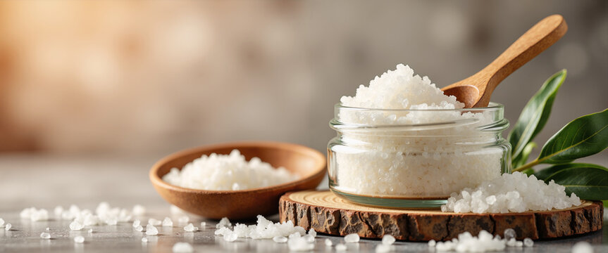Container of mineral crystals with utensil for beauty treatment advertising and therapy websites