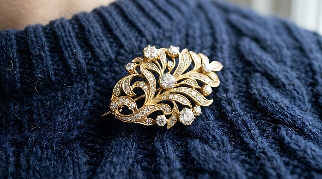Close-up of ornate vintage brooch with leaf design on dark fabric