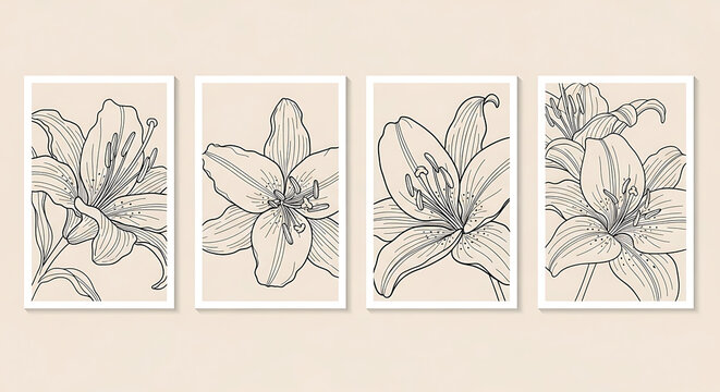 Lily Flower Line Art Minimalist Posters in White Frames on a Beige Wall Perfect for Modern Boho Home Interior Decor